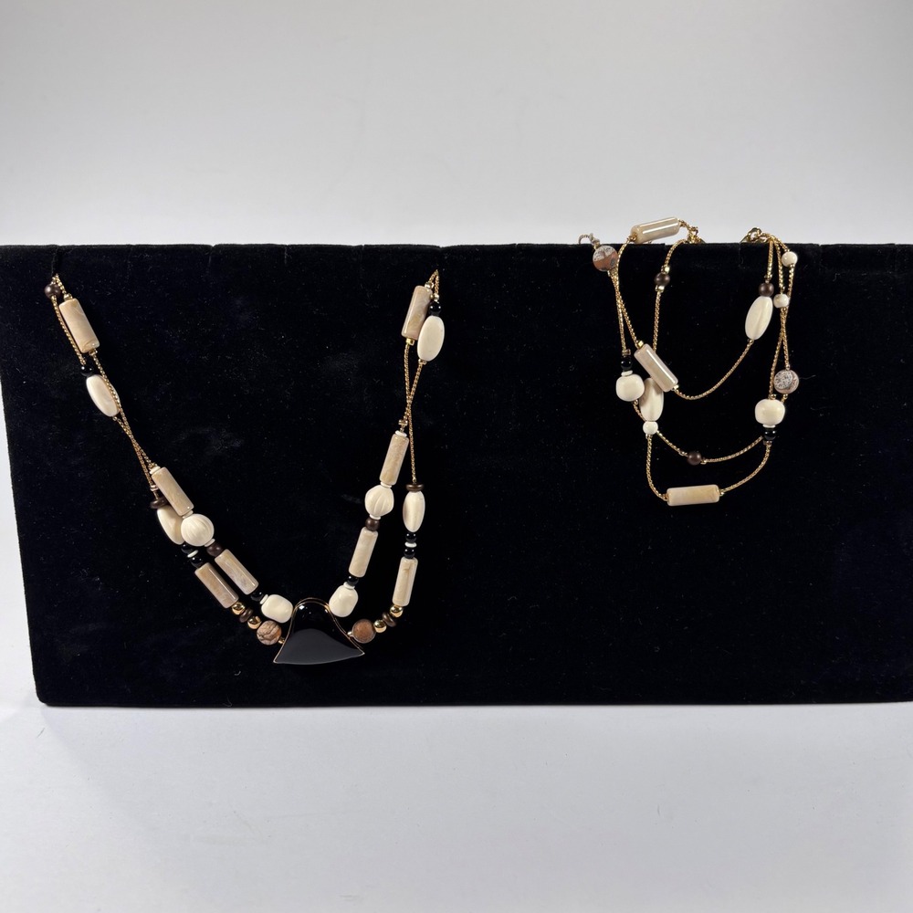 NWT Monet Women's‎ Beaded Jewelry Set Ivory Brown Black Gold Necklace Bracelet